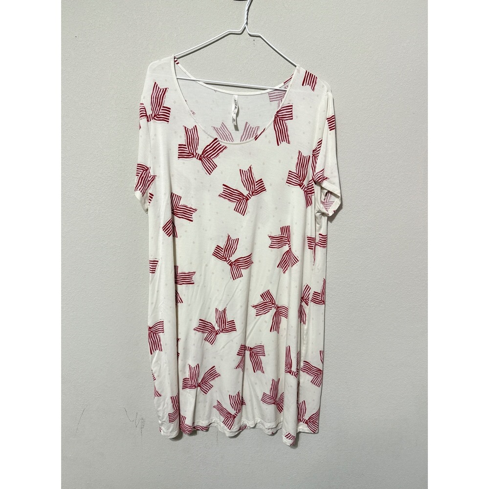 Soma Cool Nights Sleep Shirt Women XL Ivory Red Bow Print Nightgown Short Sleeve